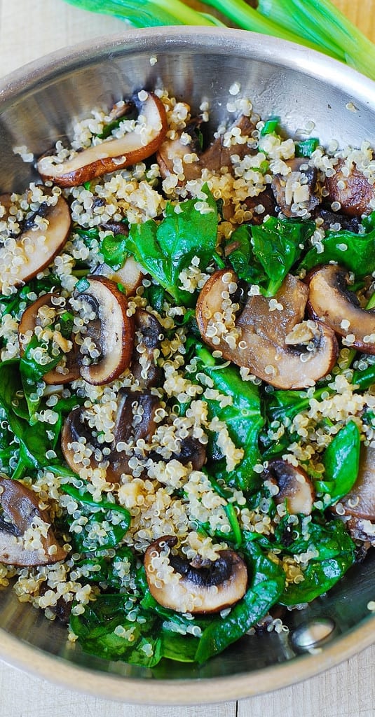 Quinoa, Sauteed Spinach & Mushrooms with Pickled Cucumber & Cabbage